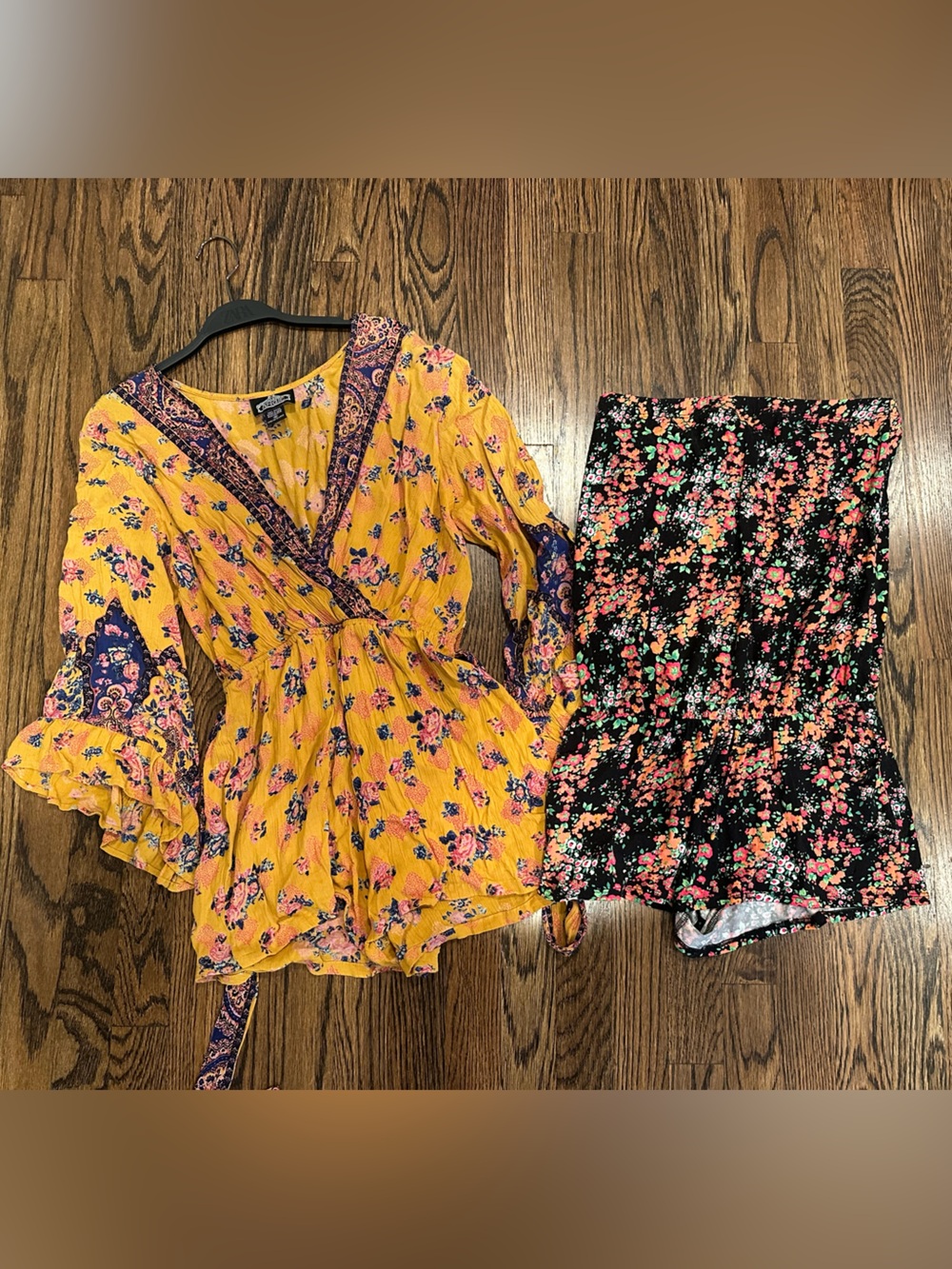 Angie Mustard Yellow Floral coverup with Pink and Blue Accents and Sofia romper